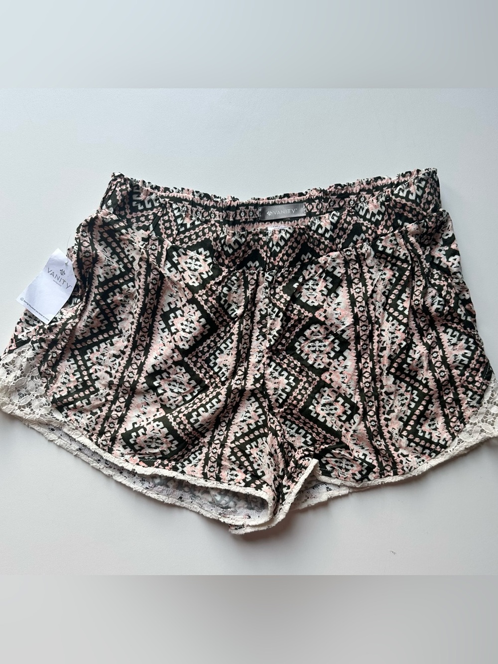 Vanity Pink and Black Aztec Lounge Shorts with Lace Trim